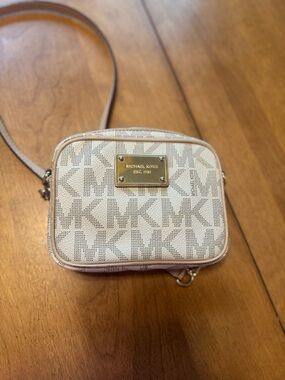 Michael Kors Embossed MK Logo Crossbody in Cream and Tan